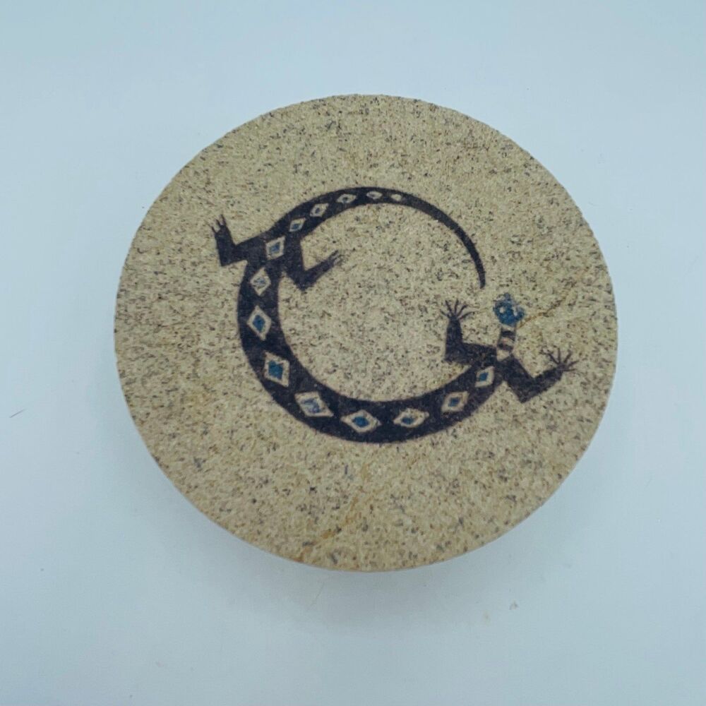 Vintage Aztec Style Round Stone Cork Decorative Coasters w/ Lizard Southwest
